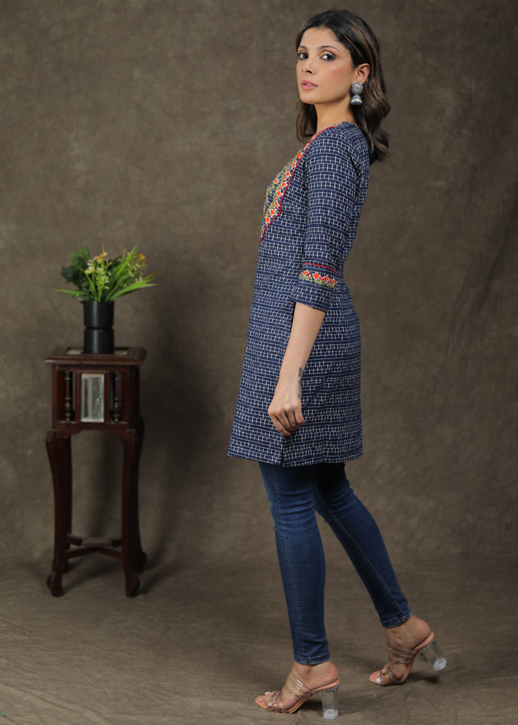 Smart Rich Ikat Tunic With Beautiful Embroidered Yoke