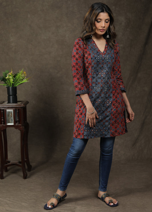 Elegant Ajrakh Combination Tunic With Stone Work