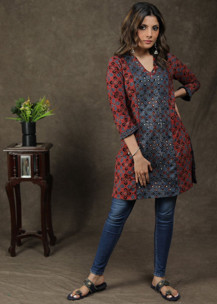 Elegant Ajrakh Combination Tunic With Stone Work