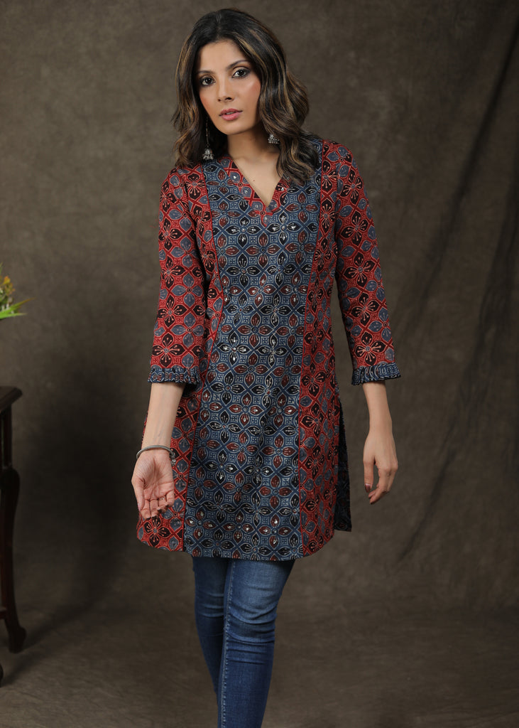Elegant Ajrakh Combination Tunic With Stone Work
