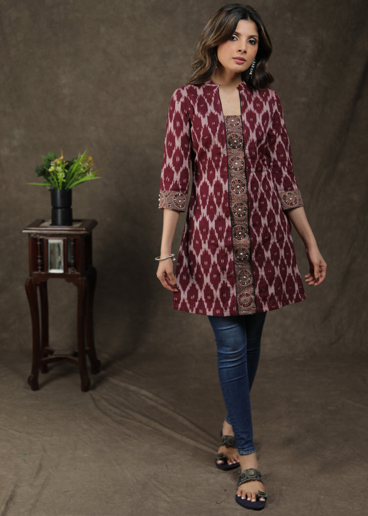 Exclusive Cotton Ikat Ajrakh Combination Tunic With Beautiful Pearl Work