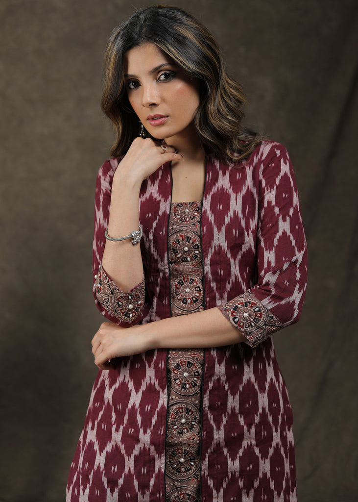 Exclusive Cotton Ikat Ajrakh Combination Tunic With Beautiful Pearl Work