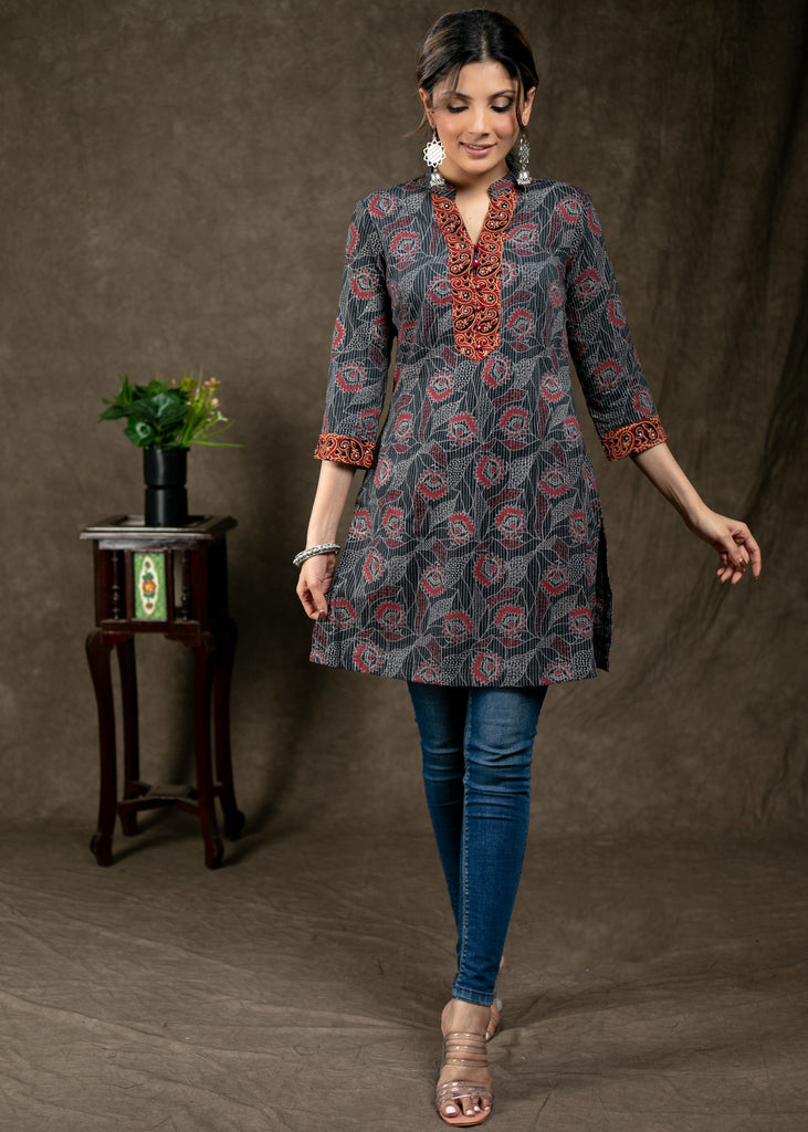 Exclusive Cotton Kantha and Ajrakh Combination With Stone Work On Yoke and Sleeves
