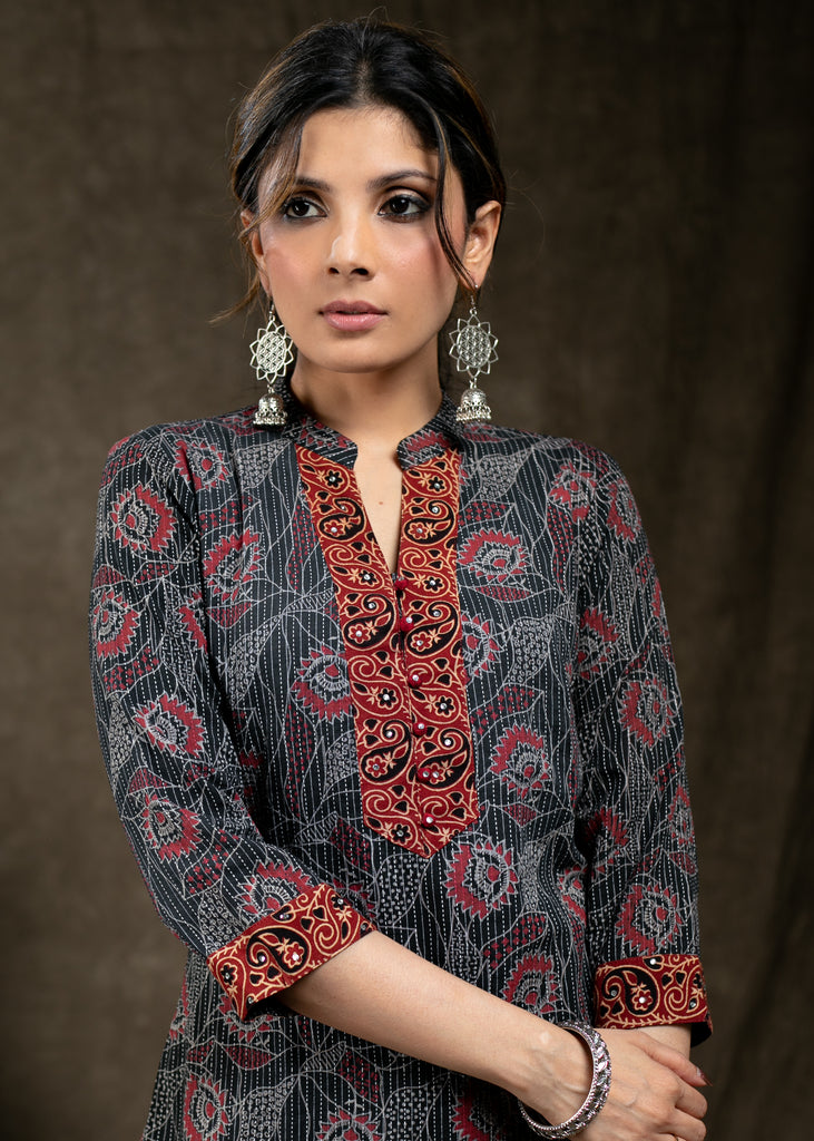 Exclusive Cotton Kantha and Ajrakh Combination With Stone Work On Yoke and Sleeves