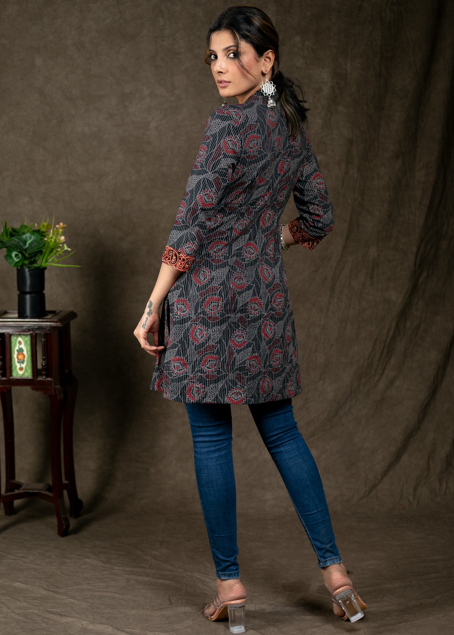 Exclusive Cotton Kantha and Ajrakh Combination With Stone Work On Yoke and Sleeves