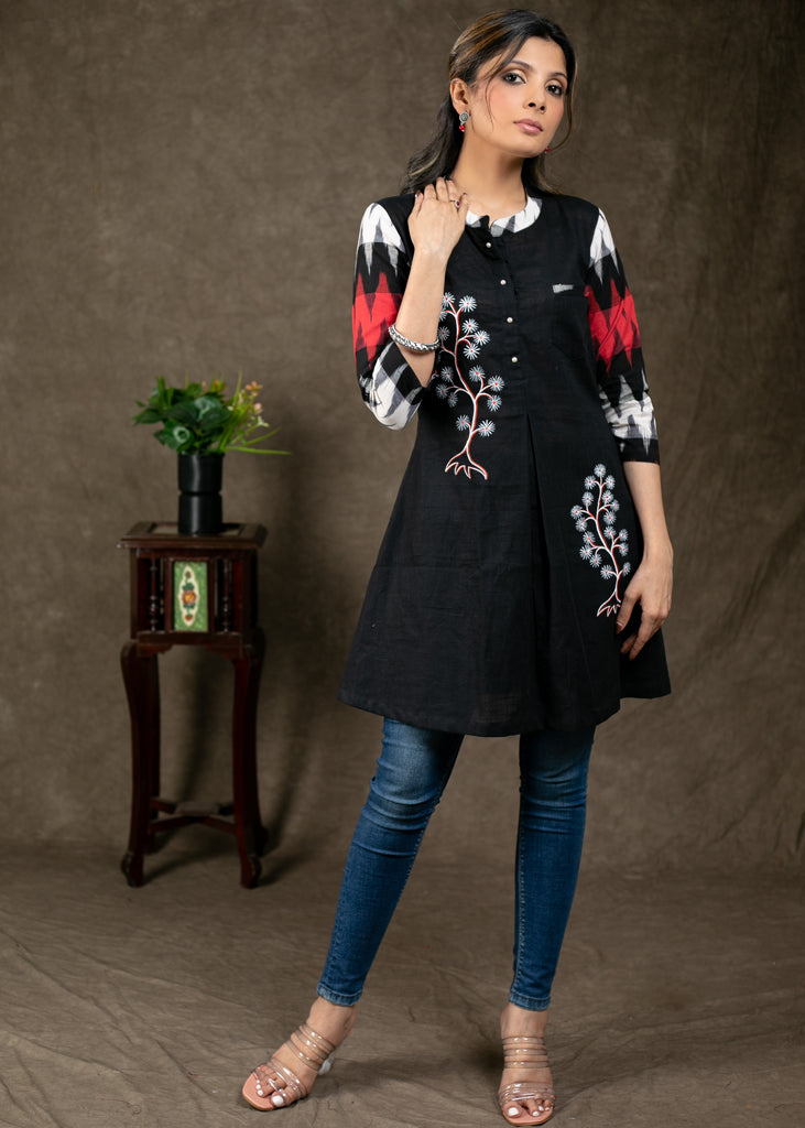Beautiful Hand painted Black Cotton Tunic with Ikat Combination