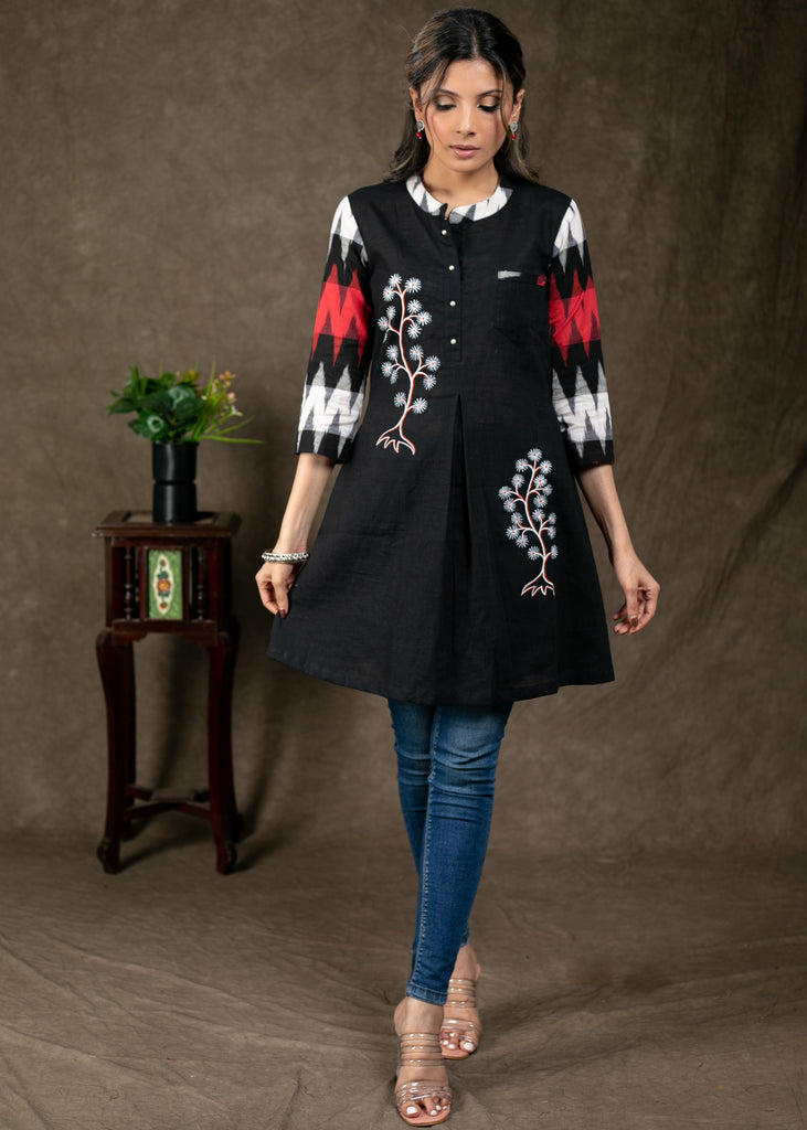 Beautiful Hand painted Black Cotton Tunic with Ikat Combination