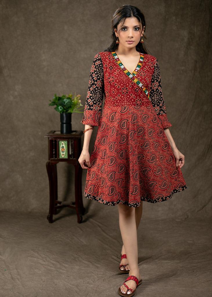 Elegant Ajrakh Combination Tunic with Kutch Work