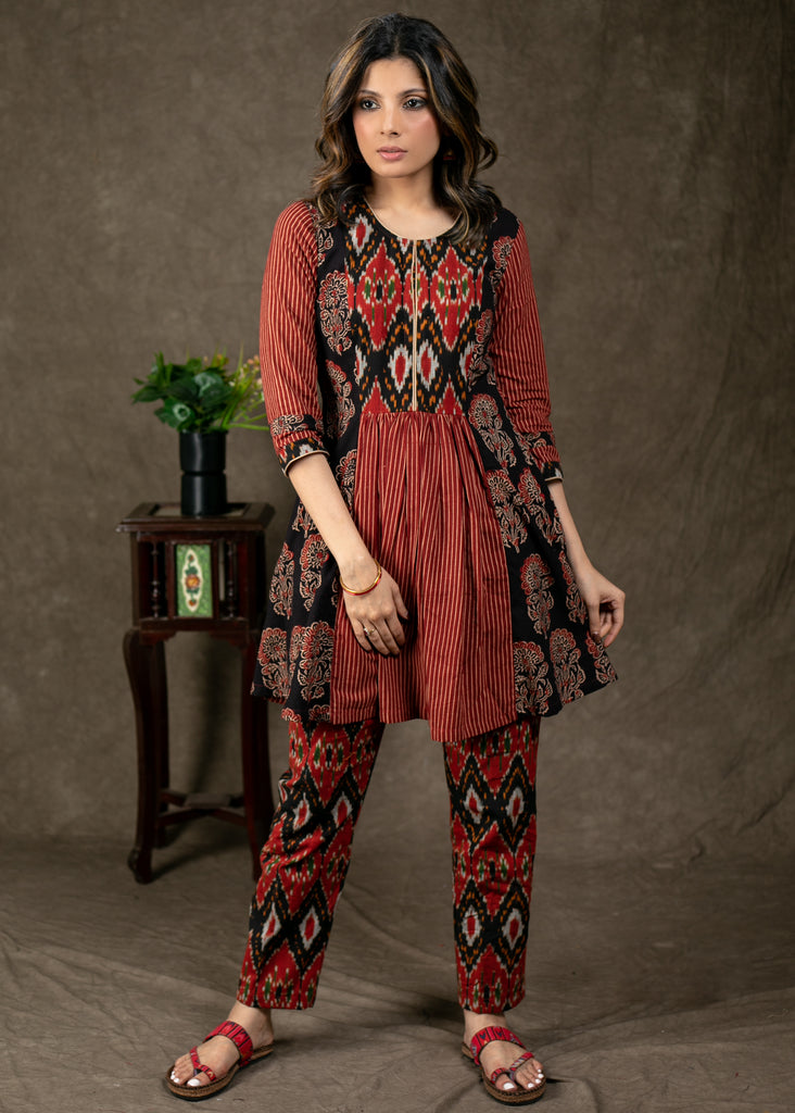 Stylish Ikat Ajrakh Combination Tunic with Front Pleated