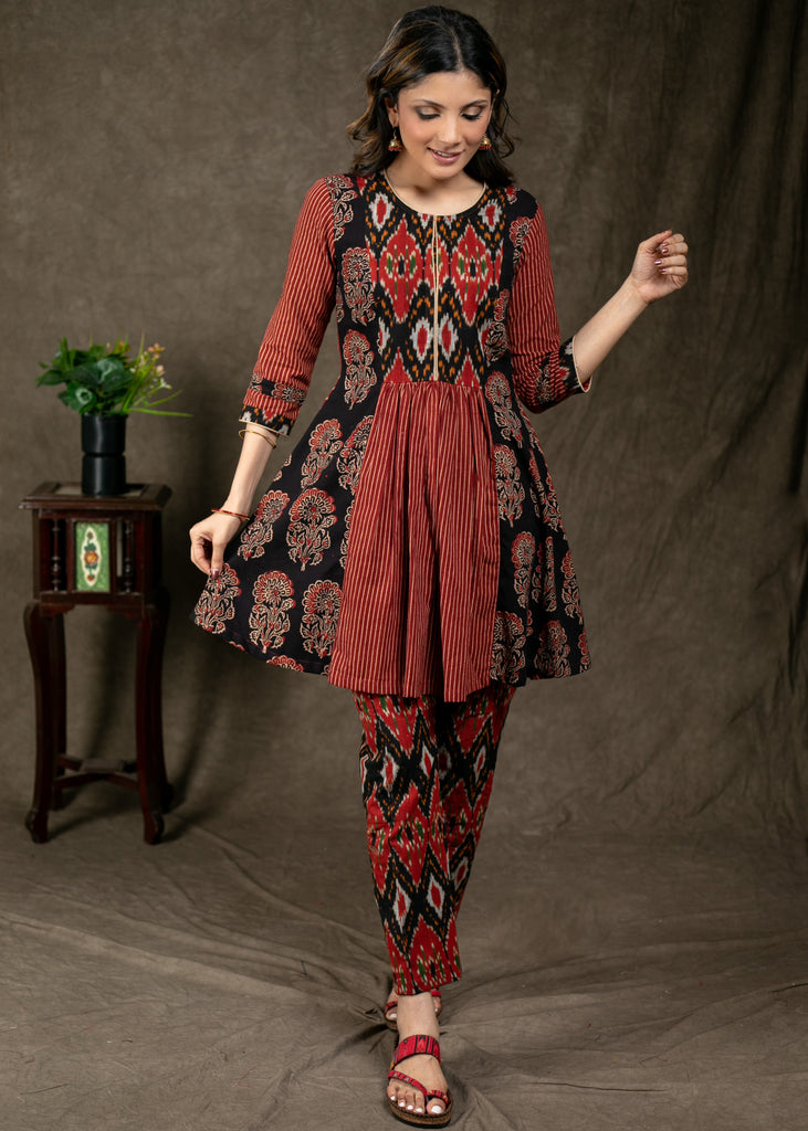 Stylish Ikat Ajrakh Combination Tunic with Front Pleated