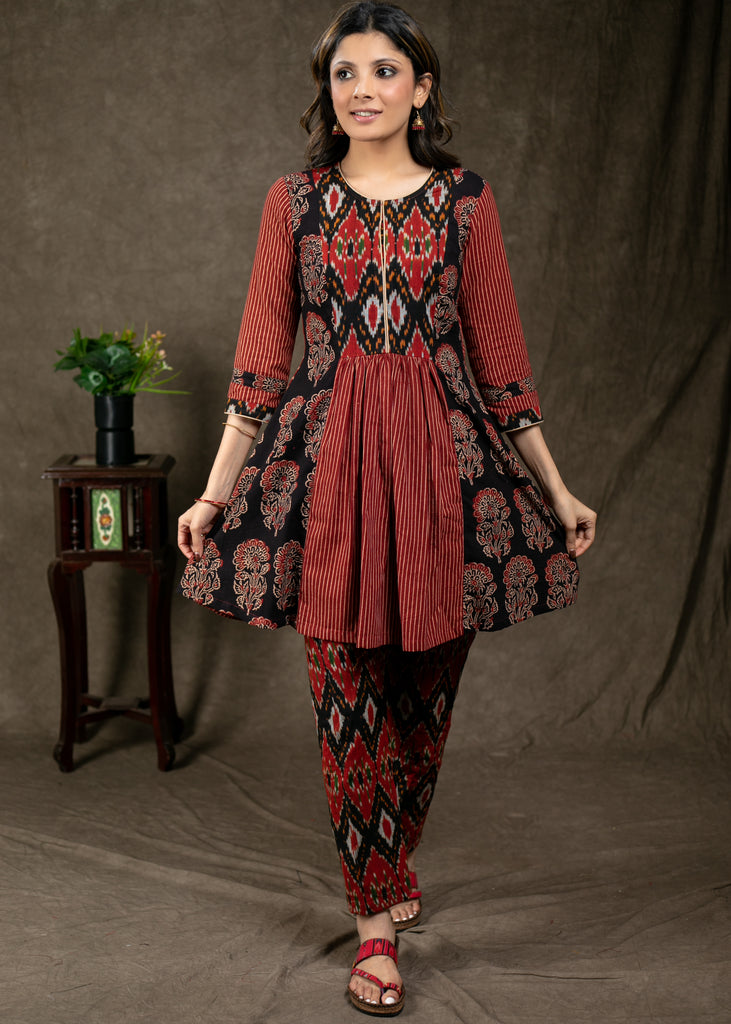 Stylish Ikat Ajrakh Combination Tunic with Front Pleated