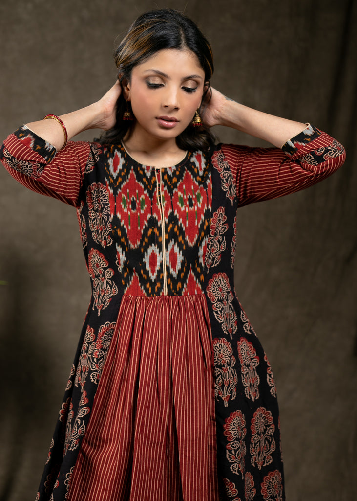 Stylish Ikat Ajrakh Combination Tunic with Front Pleated