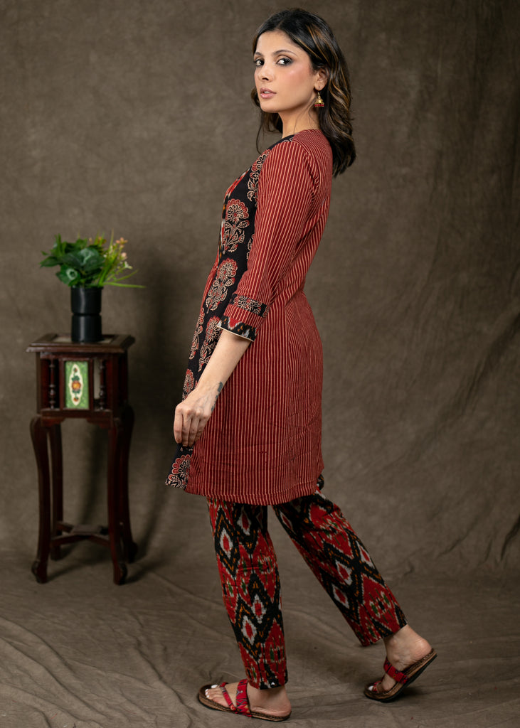 Stylish Ikat Ajrakh Combination Tunic with Front Pleated