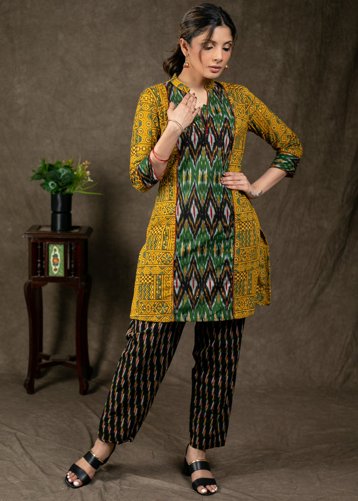 Trendy ikat and ajrakh combination tunic with beautiful stone work