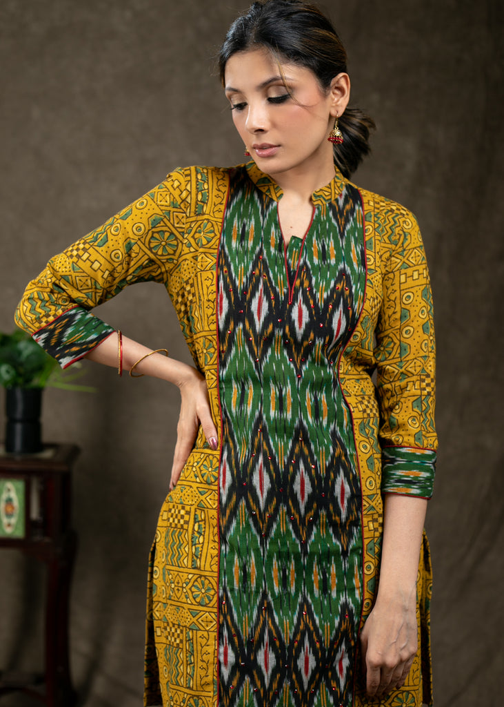 Trendy ikat and ajrakh combination tunic with beautiful stone work
