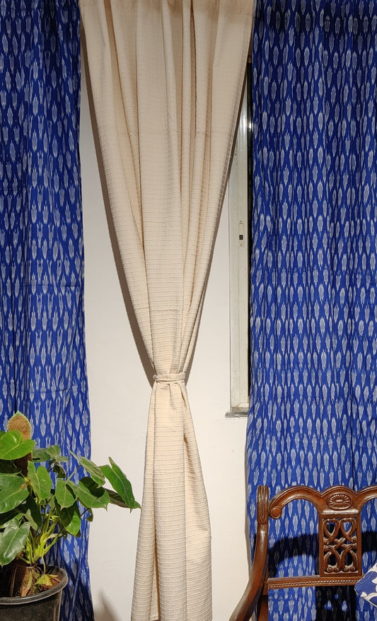Exclusive ikat and offwhite chequered cotton curtain set - 5 pc set