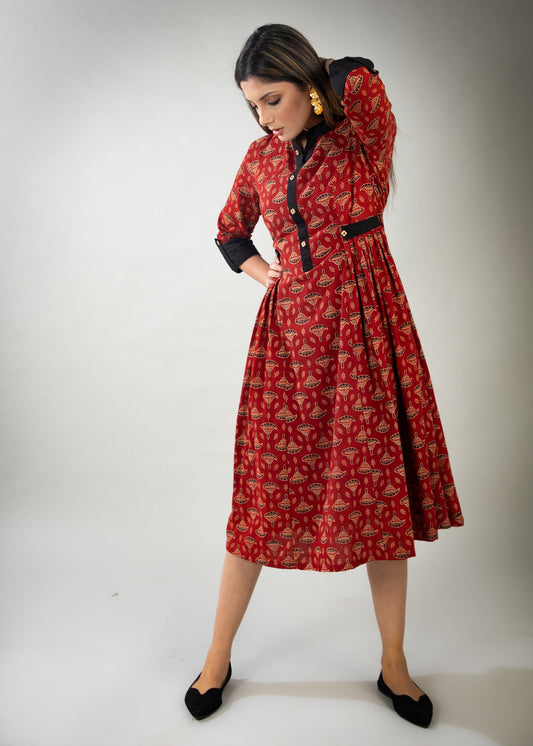 Red floral Ajrakh dress with pleats on waist