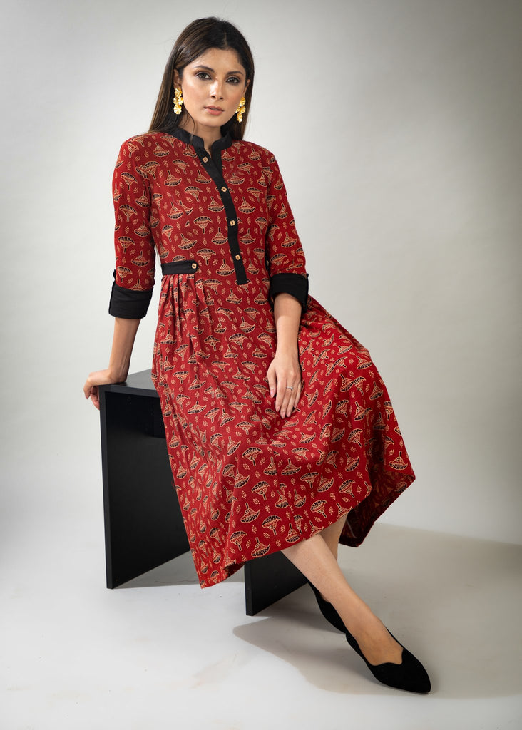 Red floral Ajrakh dress with pleats on waist