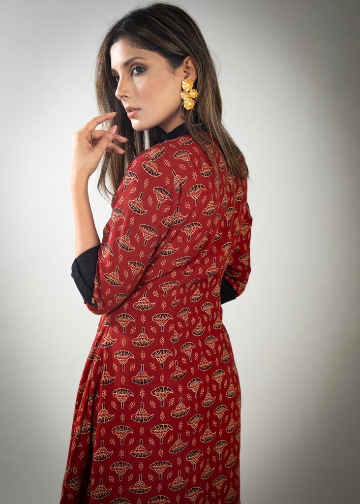 Red floral Ajrakh dress with pleats on waist