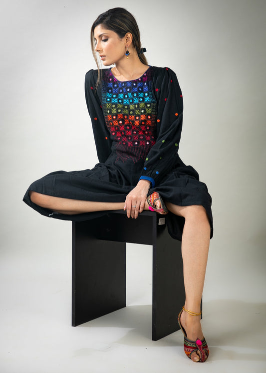 Black cotton dress with mirror embroidery on yoke
