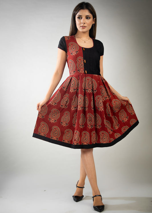 Rust Paisley Ajrakh dress with pleats on top