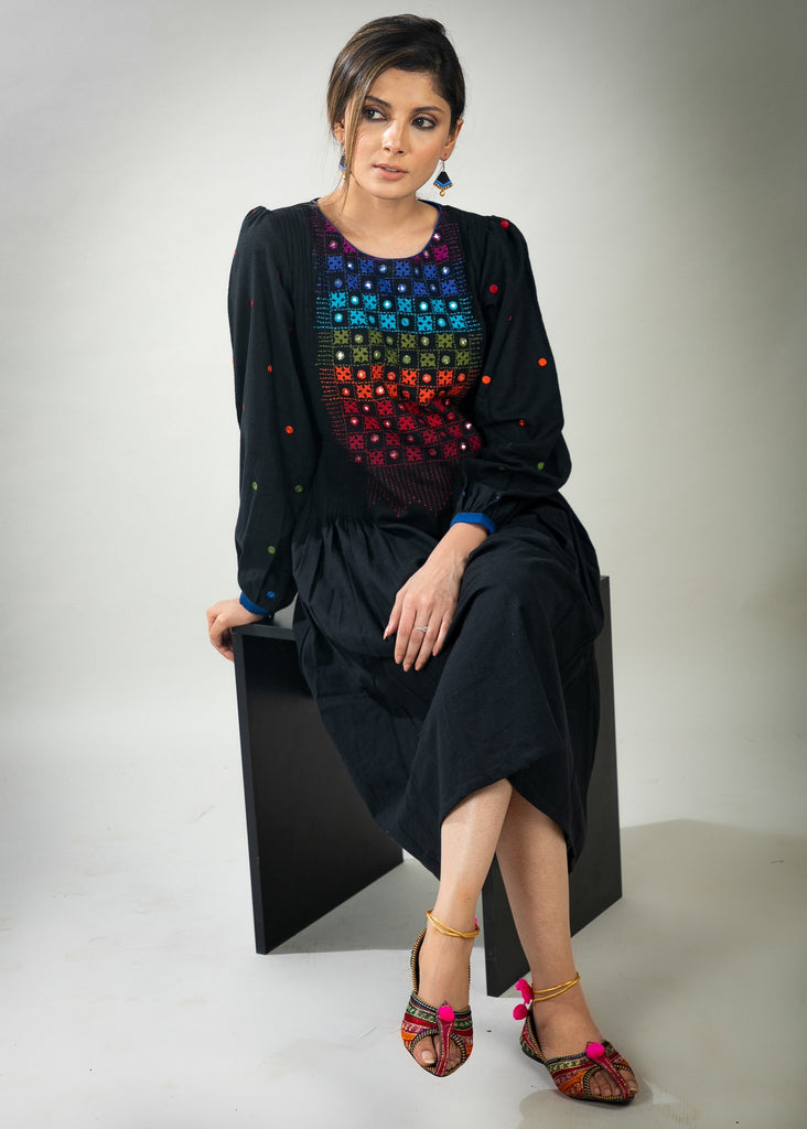 Black cotton dress with mirror embroidery on yoke