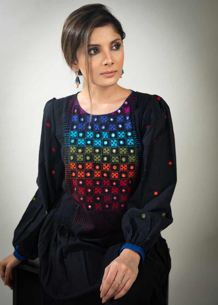 Black cotton dress with mirror embroidery on yoke