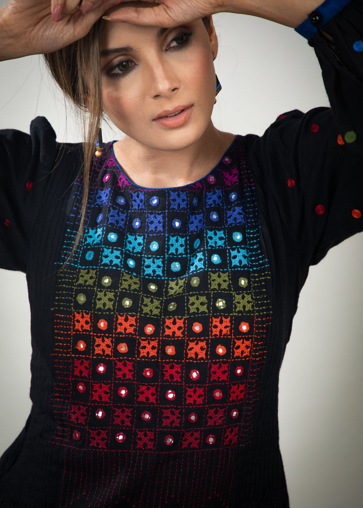 Black cotton dress with mirror embroidery on yoke