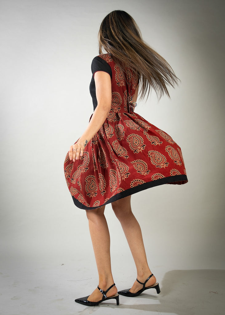 Rust Paisley Ajrakh dress with pleats on top