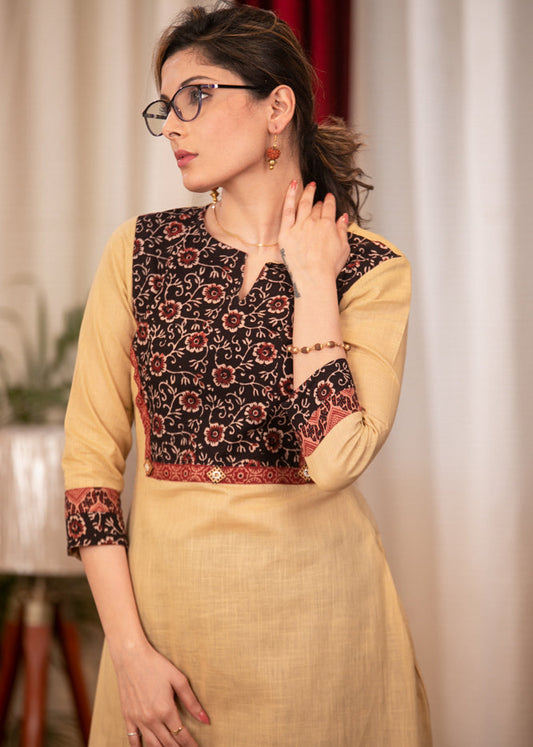 A-Line Beige Handloom Cotton Kurta with Ajrakh Yoke and border