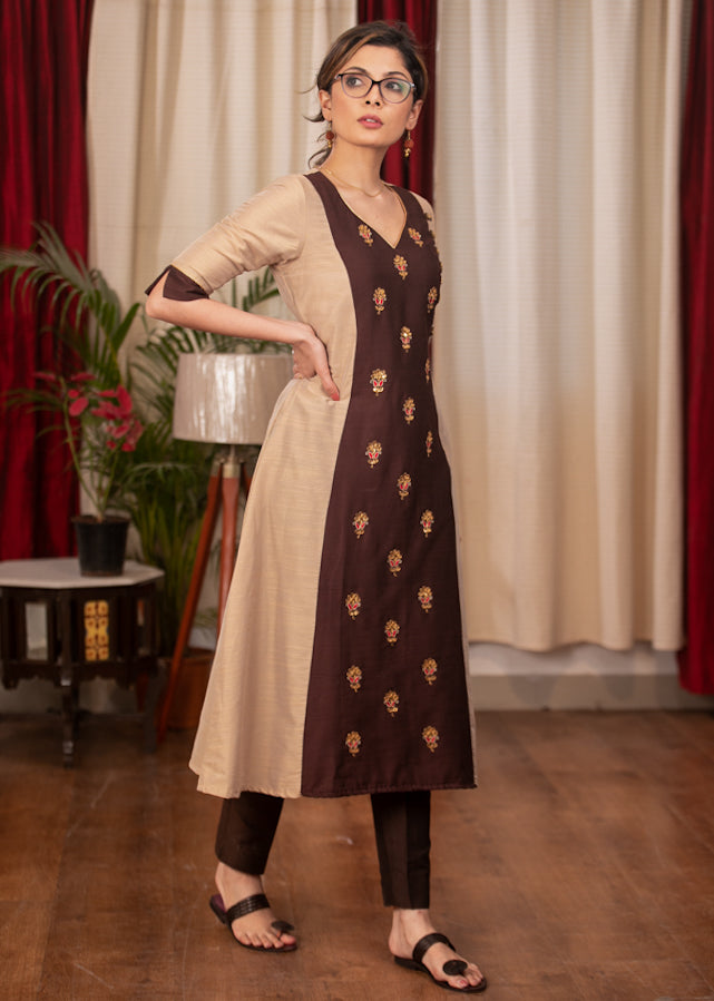 A-Line Beige Colour cotton silk Kurta with Beautiful full length Handmade Zardosi work