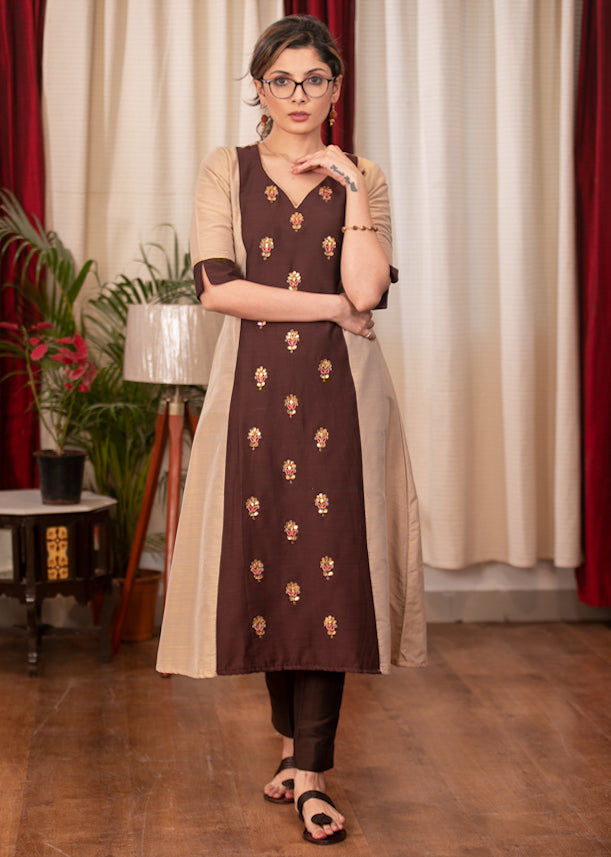 A-Line Beige Colour cotton silk Kurta with Beautiful full length Handmade Zardosi work