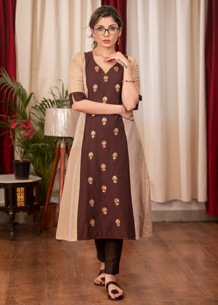 A-Line Beige Colour cotton silk Kurta with Beautiful full length Handmade Zardosi work