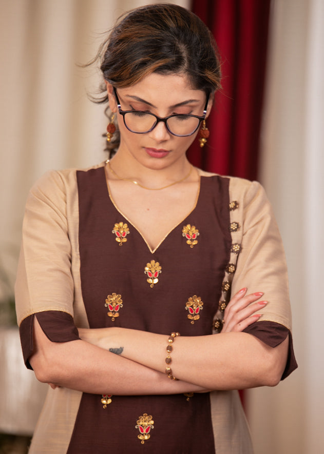 A-Line Beige Colour cotton silk Kurta with Beautiful full length Handmade Zardosi work