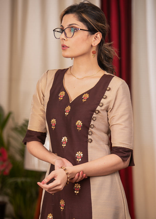 A-Line Beige Colour cotton silk Kurta with Beautiful full length Handmade Zardosi work