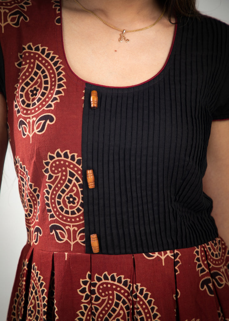 Rust Paisley Ajrakh dress with pleats on top