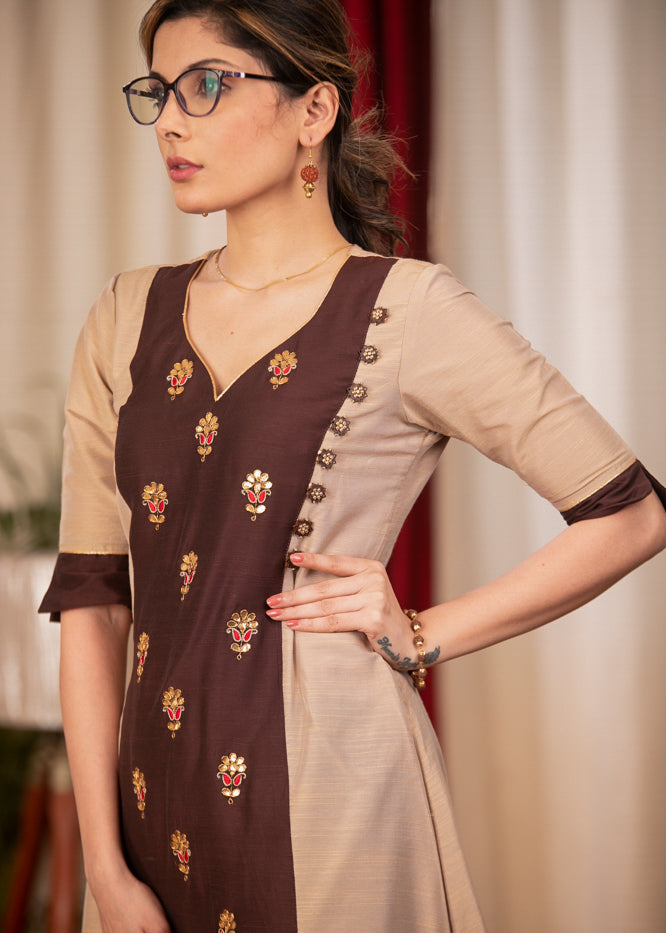 A-Line Beige Colour cotton silk Kurta with Beautiful full length Handmade Zardosi work