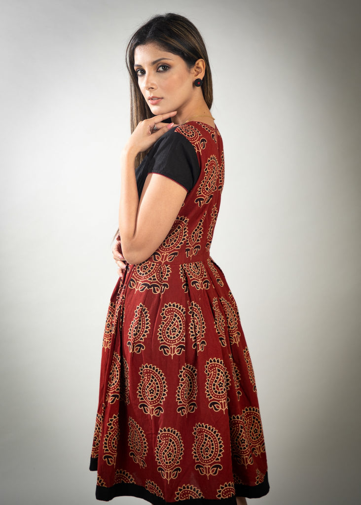 Rust Paisley Ajrakh dress with pleats on top