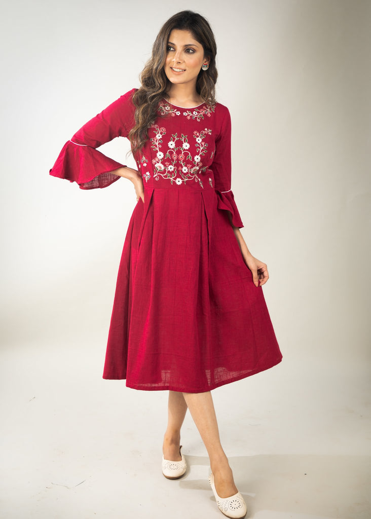 Magenta cotton dress with full embroidered yoke