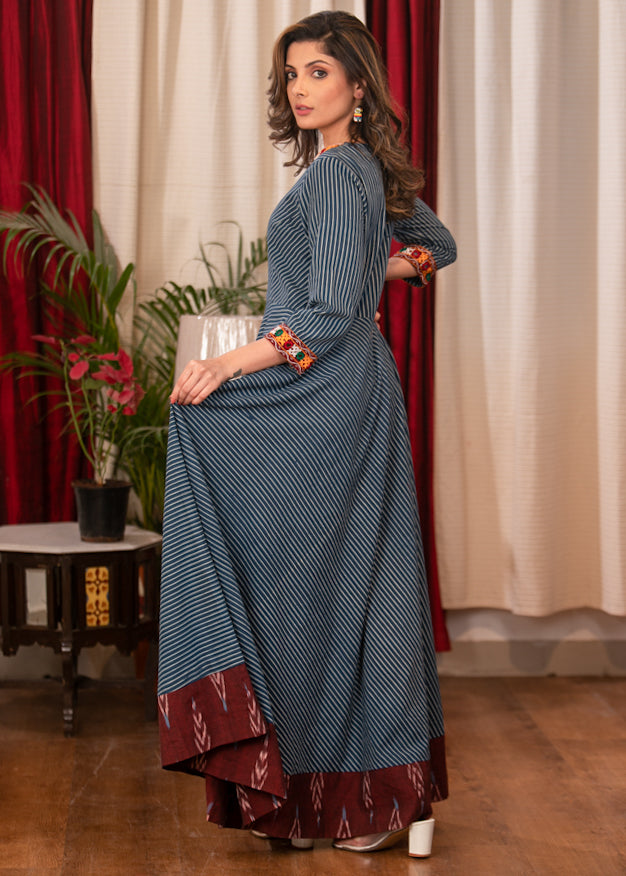 Beautiful Cotton Indigo Striped evening gown with Ikat and Handmade Kutch Embroidery