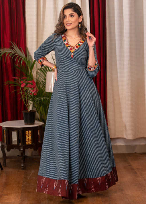 Beautiful Cotton Indigo Striped evening gown with Ikat and Handmade Kutch Embroidery