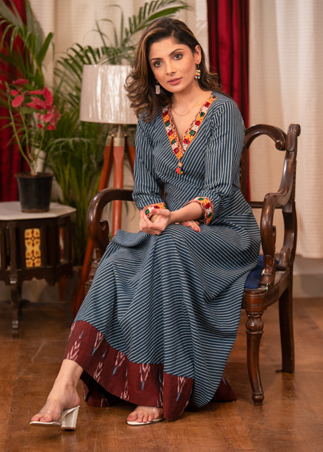 Beautiful Cotton Indigo Striped evening gown with Ikat and Handmade Kutch Embroidery