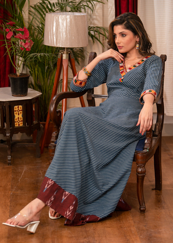 Beautiful Cotton Indigo Striped evening gown with Ikat and Handmade Kutch Embroidery