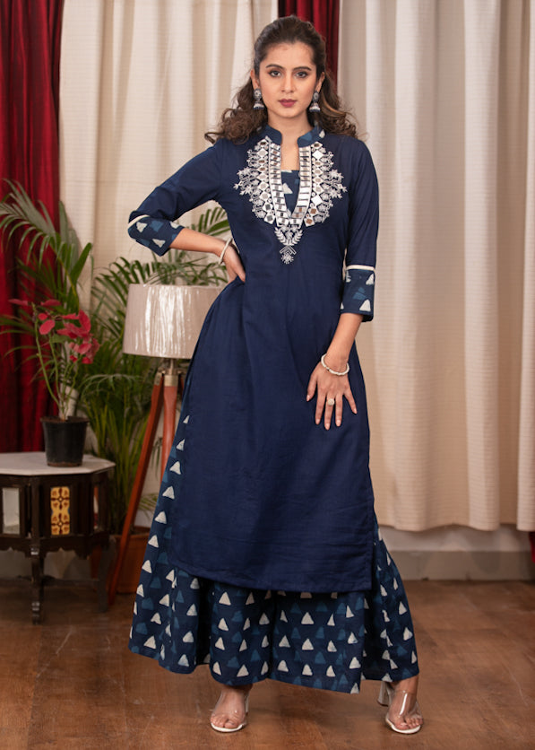 Very Fine Hand made Mirror Embroidery on Blue and Indigo Cotton Straight Cut Kurta
