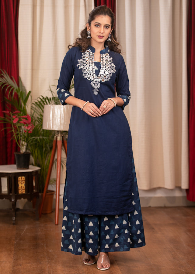 Very Fine Hand made Mirror Embroidery on Blue and Indigo Cotton Straight Cut Kurta