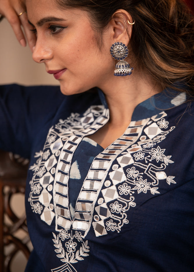 Very Fine Hand made Mirror Embroidery on Blue and Indigo Cotton Straight Cut Kurta