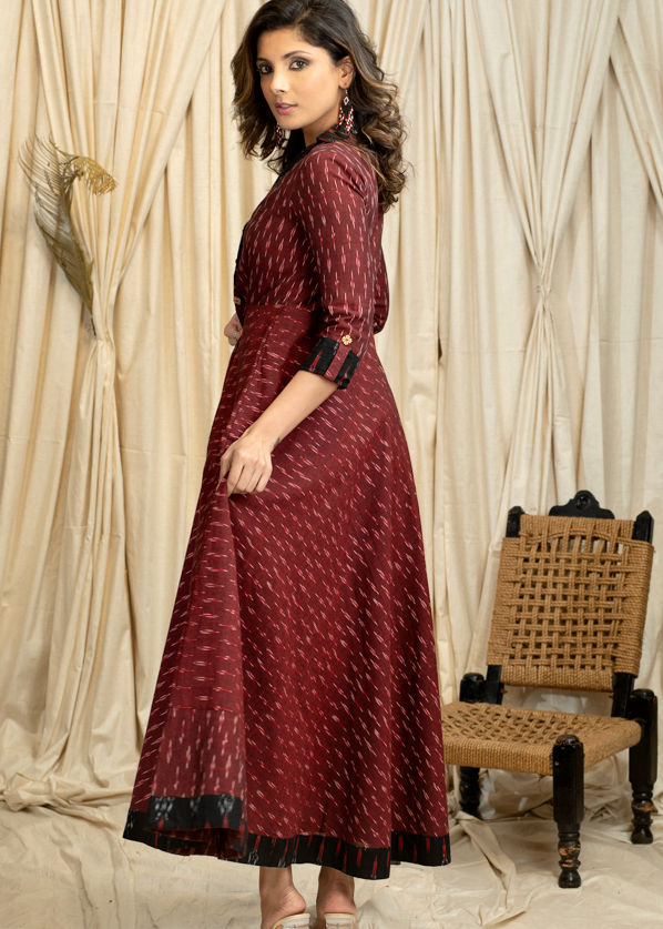 Trendy Occasion wear Maroon Ikat Cotton  Gown
