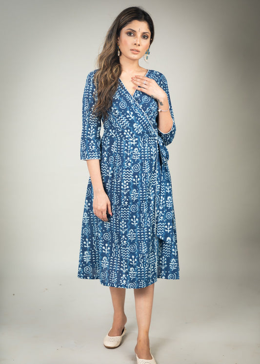 Exclusive Indigo printed overlap dress with side tying