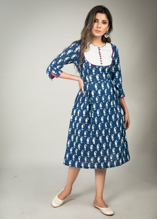 Indigo Paisley print dress with thread work yoke