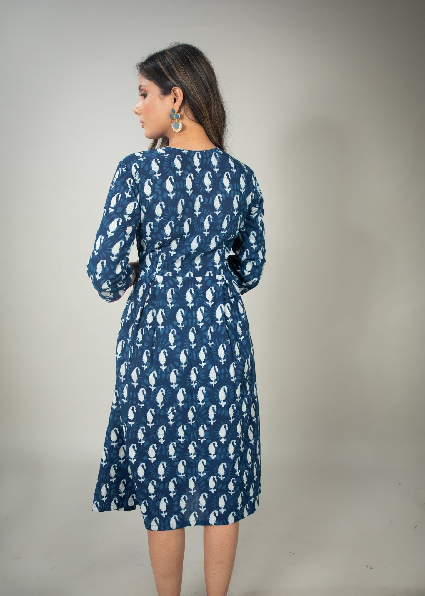 Indigo Paisley print dress with thread work yoke
